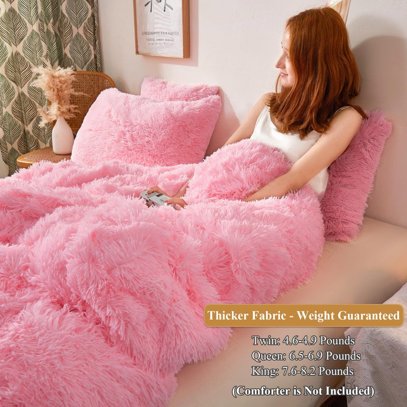 XeGe Plush Shaggy Duvet Cover Set, Luxury Ultra Soft Crystal Velvet Fluffy Bedding Sets 3 Pieces(1 Furry Faux Fur Comforter Cover + 2 Fuzzy Faux Fur Pillowcases) Zipper Closure(Queen, Light Pink) - Image 3